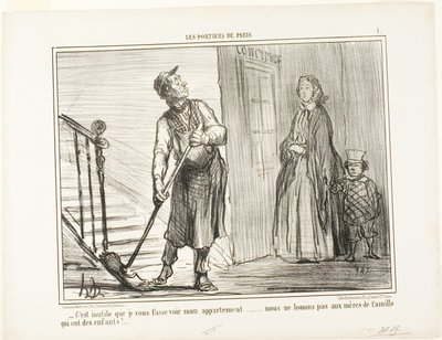 "- Det er nytteløst at vise dig min lejlighed. Vi lejer ikke ud til mødre med børn," planche 1 fra Les Portiers De Paris af Honoré Victorin Daumier