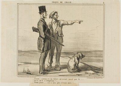 "- Hør her... Jeg så en hare derovre... - Er det længe siden - Slet ikke ... det var for mindre end tre måneder siden ...", plade 2 fra Croquis De Chasse af Honoré Victorin Daumier