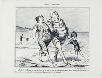 "- Madame Prudhomme, lad os ikke skynde os, lad os huske, at værdighed bør præge alle livets handlinger ... værdighed alene adskiller mennesket fra resten af dyrene," plade 2 fra Croquis Aquatiques af Honoré Victorin Daumier