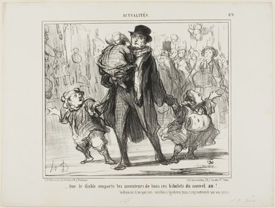 "- Måtte djævelen få fat i opfinderen af alle disse nytårsgaver!" Refleksion af en følsom, generøs, men plaget parisisk far, plade 476 fra Actualités af Honoré Victorin Daumier
