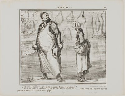 "- Hr. slagter, jeg ønsker dig et godt og sundt nytår ... - Hvad Det bliver et godt år, dette 1858... hver eneste købmand rundt om hjørnet vil kunne sælge mit fårekød!...", plade 481 fra Actualités af Honoré Victorin Daumier