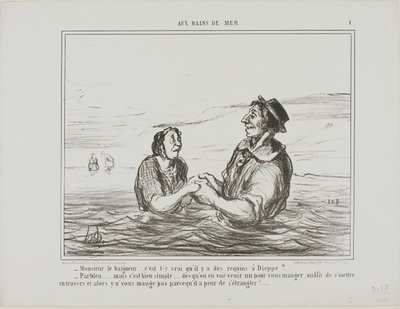 "- Hr. livredder.... er det sandt, at der er hajer i Dieppe - Selvfølgelig ... men det er ret enkelt ... så snart du ser en komme for at spise dig, skal du bare lægge dig ned på siden. Han vil ikke spise dig af frygt for at blive kvalt", tallerken 1 fra Au af Honoré Victorin Daumier