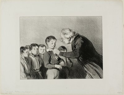 "- Hr. Alfred Cabassol! Du er den eneste i klassen, som har klaret sig igennem hele ugen uden at pudse næse i ærmet. Stil dig venligst op for at modtage denne ærespris for renlighed," planche 6 fra Professeurs Et Moutards af Honoré Victorin Daumier