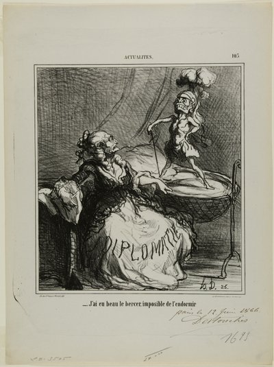 "- Uanset hvor meget jeg vugger ham, er det umuligt at få ham til at falde i søvn," plate 105 fra Actualités af Honoré Victorin Daumier