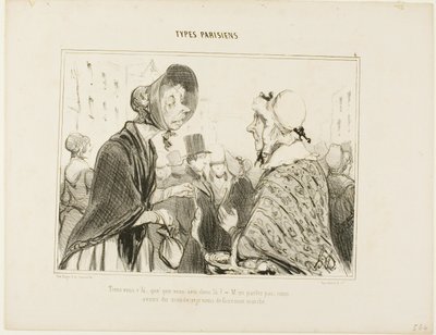 "- Åh, her er du..... hvad har du der..... - Lad os ikke tale om det.... vi får gæster, og jeg har lige handlet ind," plade 6 fra Types Parisiens af Honoré Victorin Daumier