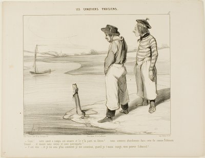 "- Vores båd har sluppet ankeret og er drevet væk.... vi sidder fast på denne ensomme ø som Robinson Crusoe... og uden noget at spise og ingen papegøje... - Det er sandt.... og jeg ved virkelig ikke, hvad jeg skal spise, når jeg først har fortæret dig, sta af Honoré Victorin Daumier