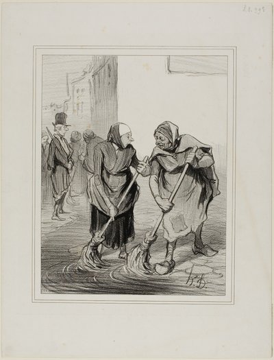"- Sig mig, Madme. Giboulard ... er du ikke enig i, at det ikke er særlig behageligt for kvinder af vores køn at komme ned på denne måde hver dag og rense tagrenderne i St. Honoré ... - Det er sandt, Madame Chaffarou, men vi kan også rose os selv af at vær af Honoré Victorin Daumier