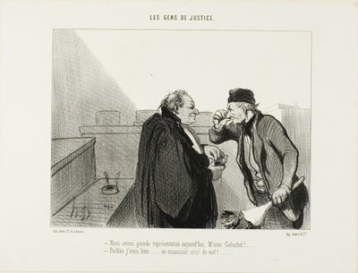 "- Det burde blive en god forestilling i dag, hr. Galuchet... - Det skulle jeg mene... En mordsag med en voldtægt oveni...", plade 31 fra Les Gens De Justice af Honoré Victorin Daumier