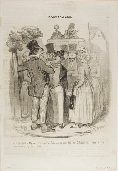 "- Så, Gringalet fra Paris!.... du vil danse to gange med min Catherine ...... prøv nu igen at lave fåreøjne på hende," plade 27 fra Pastorales af Honoré Victorin Daumier