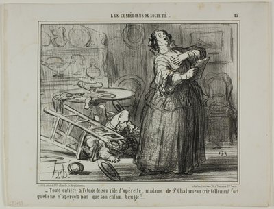 - Chalumeau er optaget af sin operetterolle og råber så højt, at hun ikke lægger mærke til sit barns brølen, planche 13 fra Les Comédiens De Société af Honoré Victorin Daumier