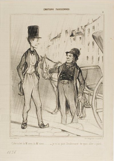 "- Taxi Monsieur Taxa - Jeg har ikke engang nok til at gå," plade 8 fra Émotions De Parisiens af Honoré Victorin Daumier