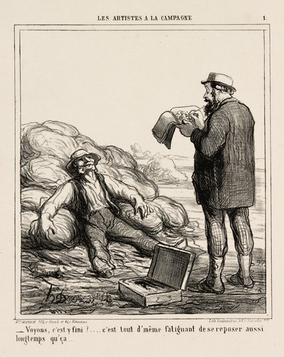 "- Nå, er du endelig færdig... det er trods alt trættende at slappe af i så lang tid," plade 1 fra Les Artistes A La Campagne af Honoré Victorin Daumier