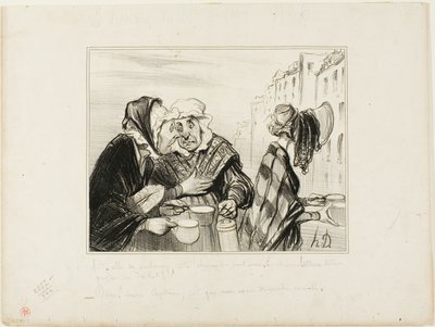 "- Sikke et postyr, det sure fjæs fra femte sal laver! Iført hat bare for at købe to kopper mælk for en sou! - Åh, Madame Capitaine, er vi ikke smarte i dag ...", plade 36 Types Parisiens af Honoré Victorin Daumier