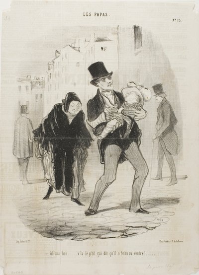 "- Ja okay, men den stakkels dreng har ondt i maven," plade 13 fra Les Papas af Honoré Victorin Daumier