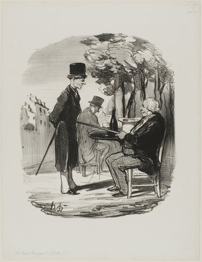 "- Du får ikke din flaske øl sammen med os i aften... Jeg kan se, at du har et privat middagsselskab i dag, din slyngel...", plade 81 fra Les Bons Bourgeois af Honoré Victorin Daumier