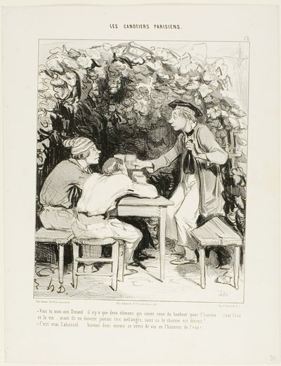 "- Ser du, min ven Durand.... der er kun to vigtige komponenter i lykken for en mand: vand og vin ... men de må aldrig blandes, ellers mister de deres charme. - Ganske rigtigt, Cabassol.... lad os drikke endnu et glas vin til ære for wat af Honoré Victorin Daumier