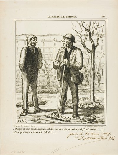 "- Du ser ud til at nyde at gøre mit arbejde. Til gengæld kunne jeg tilbyde at gøre dit arbejde: Jeg vil køre en tur i din vogn!", plade 249 fra Les Parisiens A La Campagne af Honoré Victorin Daumier