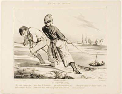 En vanskelig navigation. "- Båden bevæger sig ikke! Træk Dumouchel, træk.... hvorfor fanden trækker du ikke! - Men jeg har ikke lavet andet i de sidste tre timer!.... og det her kaldes en fornøjelsestur! Jeg vil hellere sælge mine svesker i rue de la Verre af Honoré Victorin Daumier