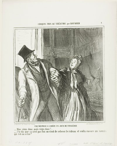 En misforståelse på Odeon på en dag med drama. "- Kom nu, kom nu, lad os gå! - Jeg siger jo, at det ikke er færdigt. Tæppet er gået op igen, og der er stadig Roman på scenen," planche 4 fra Croquis Pris Au Théatre par Daumier af Honoré Victorin Daumier