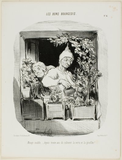 Et mønsterægteskab: I tredive år har de dyrket dyd og nelliker, planche seks fra Les Bons Bourgeois af Honoré Victorin Daumier