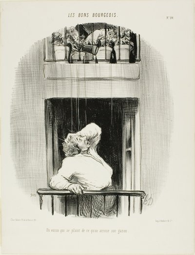 En nabo klager over vandingen af sin græsplæne, planche ti fra Les Bons Bourgeois af Honoré Victorin Daumier