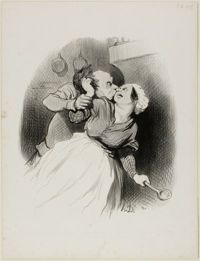 En tilbagevenden til ungdommen. "Råb så meget du vil, din lille djævel....min kone er ikke hjemme....riv mit hår ud, så meget du vil!", planche 50 fra Les beaux Jours de la vie. af Honoré Victorin Daumier