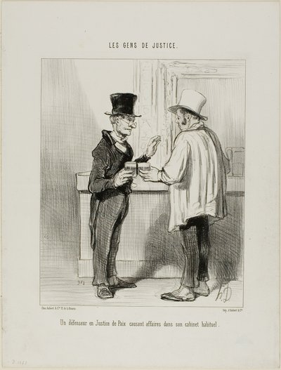 En forsvarsadvokat ved voldgiftsretten diskuterer forretninger i sine sædvanlige kontorlokaler, planche 27 fra Les Gens De Justice af Honoré Victorin Daumier