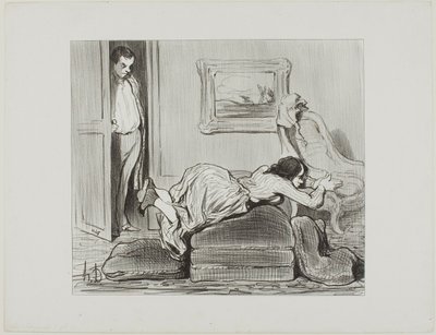 En ivrig studerende øver sig derhjemme, planche 6 fra Les Baigneuses af Honoré Victorin Daumier
