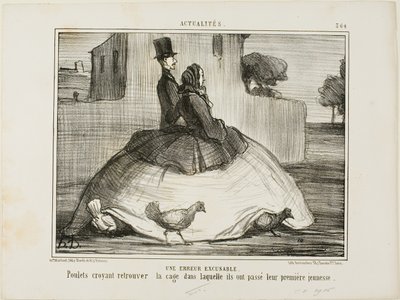 En undskyldelig fejl. Kyllinger, der tror, at de har fundet det bur, hvor de tilbragte deres tidlige barndom, planche 21 fra La Crinolomanie af Honoré Victorin Daumier