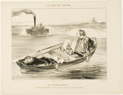 Et ubehageligt møde. "Bernardel, Bernardel! Her kommer damperen ... vi vil synke!", plade 16 fra Les Canotiers Parisiens af Honoré Victorin Daumier