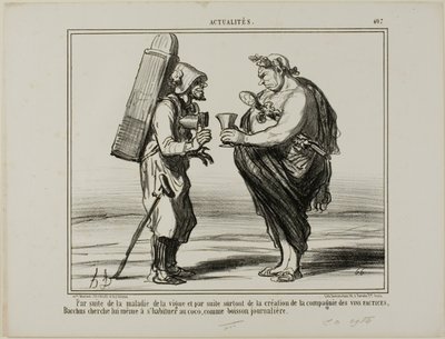 Som en konsekvens af vinsygdommen, men også på grund af grundlæggelsen af "Society for the Production of Artificial Wine", beslutter selv Bacchus sig for at skifte til kokosvand som daglig drik, tallerken 407 fra Actualités af Honoré Victorin Daumier