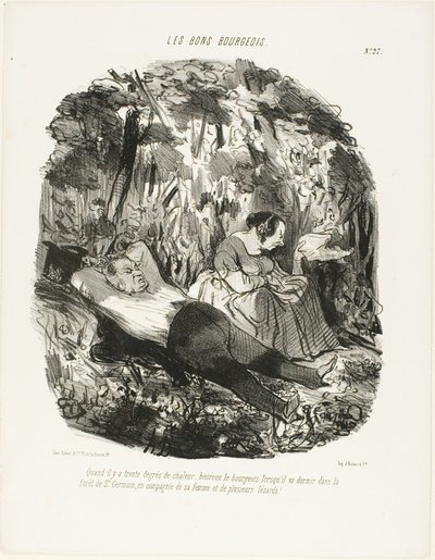 Ved 30 °C er den heldig, der kan flygte og slumre i skoven i Saint-Germain sammen med sin kone og et par firben, tallerken 27 fra Les Bons Bourgeois. af Honoré Victorin Daumier