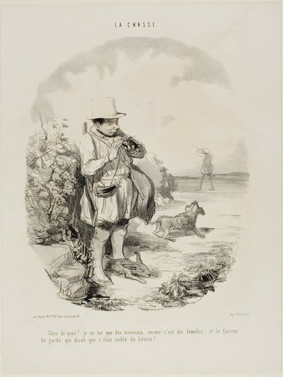 "Forbandede land! Jeg skyder kun spurve.... og kun hunner ... og denne geniale vagt insisterede på, at stedet er fuld af kaniner," plade 5 fra La Chasse af Honoré Victorin Daumier