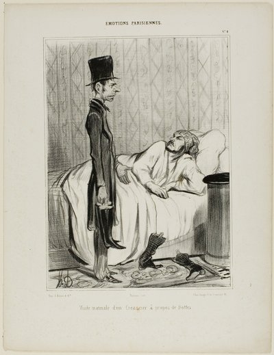 Tidligt morgenbesøg af en kreditor angående støvlerne, planche 4 fra Émotions Parisiennes af Honoré Victorin Daumier