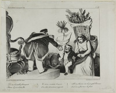 "Fra dine lydige undersåtter modtager du på din æresdag disse to beskedne blomsterbuketter. De vil gøre dig glad, da det franske folk alene har overtaget omkostningerne," plade 486 af Honoré Victorin Daumier