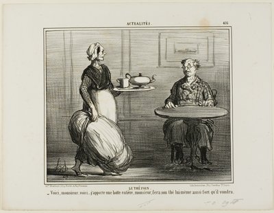 Urtete. "- Værsgo, monsieur, jeg tænkte, at jeg ville tage hele pakken med hø med, så du selv kan bestemme styrken af din te," siger tallerken 416 fra Actualités. af Honoré Victorin Daumier