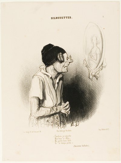 "Hvor meget jeg dog fortryder. Mine arme var engang så stærke, mine ben aldrig fede, og intet gik galt" (en gammel sang), plade 1 fra Silhouettes af Honoré Victorin Daumier
