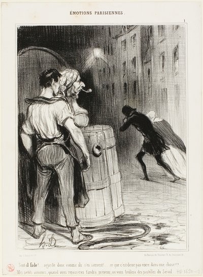 "Hvor fjollet! Se bare, hvordan de løber. Det er, hvad man får, når man er det forkerte sted. Bare vent! Næste gang siger du til i forvejen, så skal vi nok passe godt på dig...", plade 1 fra Émotions Parisiennes af Honoré Victorin Daumier