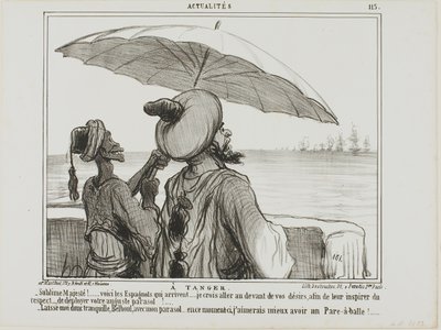 I Tanger. "- Sublime Majestæt ... spanierne kommer ... for at skræmme dem væk tog jeg mig den frihed at slå Deres paraply helt op som et tegn på Deres storhed! - Lad mig være i fred med min paraply, Belboul.... Jeg vil hellere have en paraply pr af Honoré Victorin Daumier