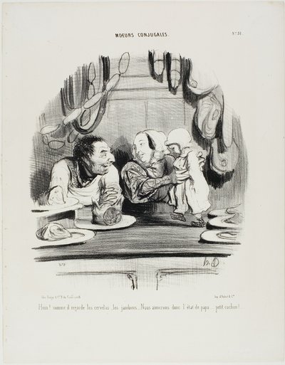 "Se! Se, hvordan hans øjne er rettet mod saveloys og ham.... det ser ud til, at vi kan lide fars job..... min lille gris!", plade 51 fra Moeurs Conjugales af Honoré Victorin Daumier