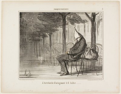 På udkig efter en overnatning den ottende juli, plade 5 fra Croquis Parisiens af Honoré Victorin Daumier