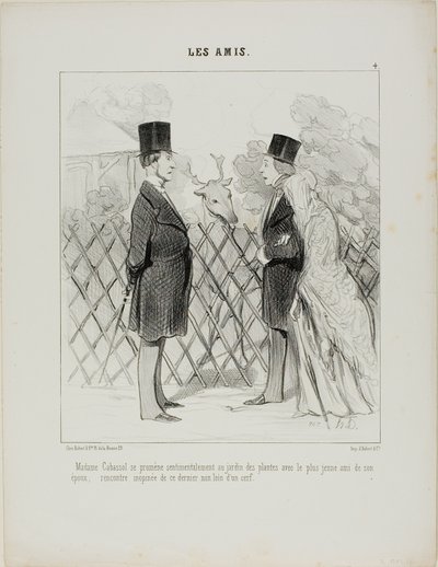 Madame Cabassol går en romantisk tur i den botaniske have sammen med sin mands yngste veninde. Pludseligt møde med sidstnævnte ikke langt fra en kronhjort, planche 4 fra Les Amis af Honoré Victorin Daumier