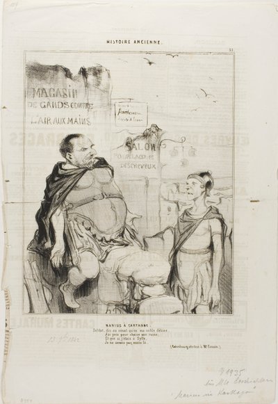 Marius i Karthago. Soldat, sig til senatet, at jeg i min ædle fattigdom har taget en ruin som stol, og hvis jeg var i Sylla, ville jeg ikke sidde her. (Ordspil tilskrevet M. Cousin), plade 35 fra Histoire Ancienne af Honoré Victorin Daumier