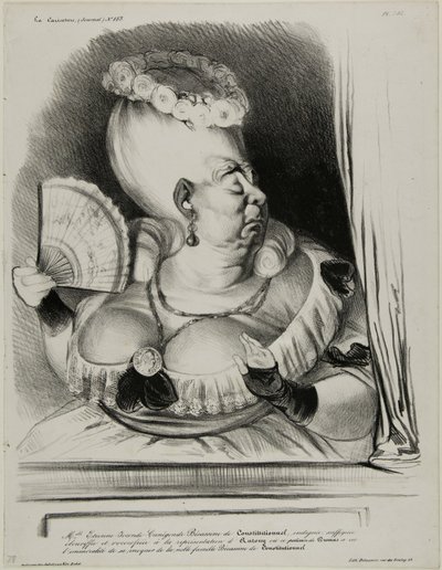 Frøken Etienne-Mona-Lisa-Cunégonde-Silly Goose of the Constitutionnel, forarget, kvalt og over-ornat over forestillingen om Anthony, hvor den ondskabsfulde Dumas havde den uanstændighed at håne den adelige familie Silly Goose of the Constitutionnel ..., pl af Honoré Victorin Daumier