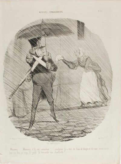 "Monsieur, monsieur, her er Deres lommetørklæde. Madame har puttet noget Eau de Cologne på det, og hun sagde, at du skulle spørge i vagten, om du kunne få en fodvarmer," plade 47 fra Moeurs Conjugales af Honoré Victorin Daumier