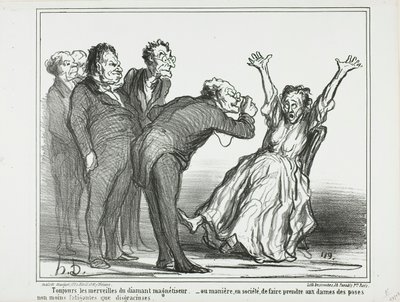 Flere vidundere fra diamanthypnotisøren. Eller hvordan man får damerne til at posere i selskabet i anstrengende og ikke særlig yndefulde stillinger, plade 137 fra Actualités af Honoré Victorin Daumier