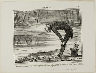 Coste bemærker, at de fisk, han tog op af vandet for at analysere deres sundhedstilstand, ender med slet ikke at have det godt, plade 387 fra Actualités af Honoré Victorin Daumier
