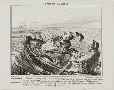 Hr. Prudhomme: "- Afskyelige bølger.... ved du ikke, hvem du bærer på i dette øjeblik... åh frække... vid, at jeg som Xerxes vil piske dig forfærdeligt. Mme Prudhomme: (rystende af frygt) "- Jeg beder dig, min kære ven, lad være med at fornærme havet længe af Honoré Victorin Daumier