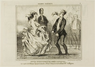 Ny underholdning ved de parisiske aftenfester. Hume barberer skægget af Monsieur de St. Potard og sætter håret af Madame Coffignon, plade 8 fra Ces Bons Parisiens. af Honoré Victorin Daumier