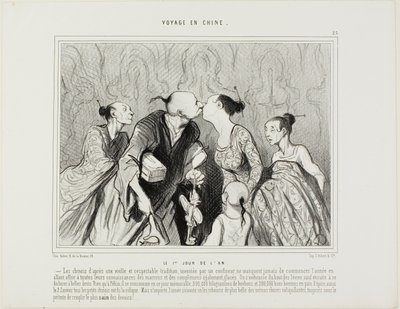 Nytårsdag. Kineserne følger en gammel og respektabel tradition, som blev opfundet af en konditor, og de begynder altid året med at tilbyde alle deres bekendte kastanjer og andre små gaver. De kysser hinanden med sammenknebne læber, men ville rotte af Honoré Victorin Daumier